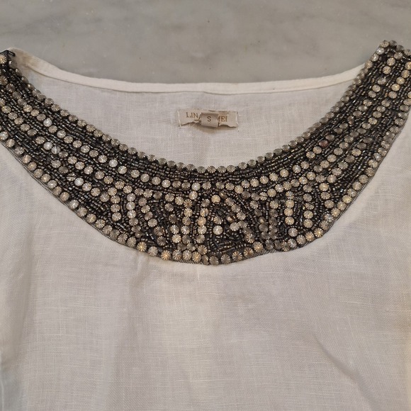 Lina Tomei Tops - Lina Tomei Sleeveless White Linen Top Beaded Metal Neckline Sz S Rib Tank Boho